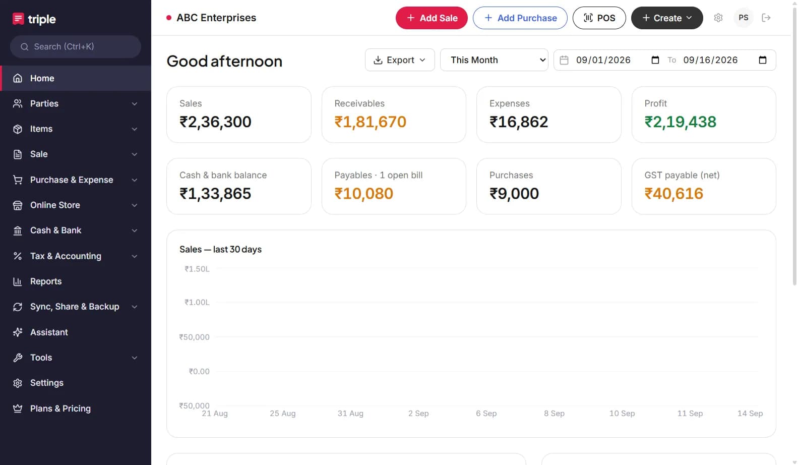 Dashboard: sales, receivables, expenses and profit for the period