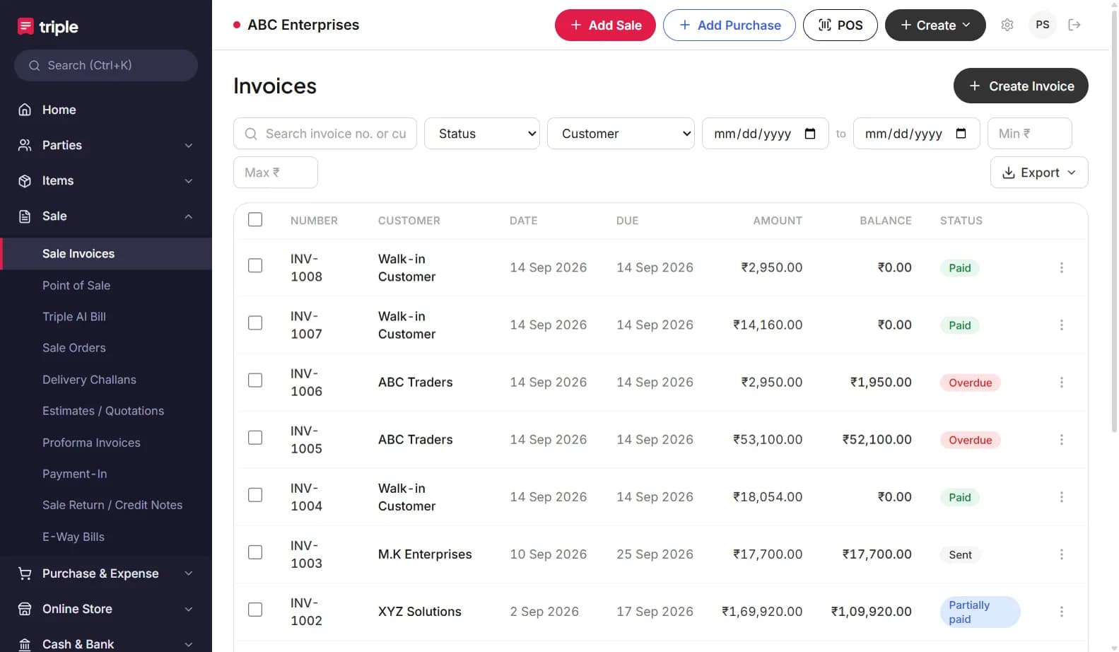 Invoices with status, payments and share links